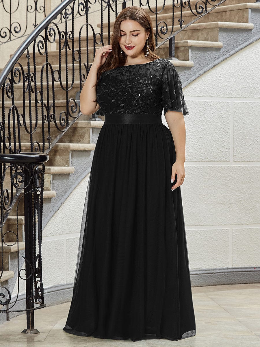 Plus Size Women's Embroidery Evening Dresses with Short Sleeve #color_Black 
