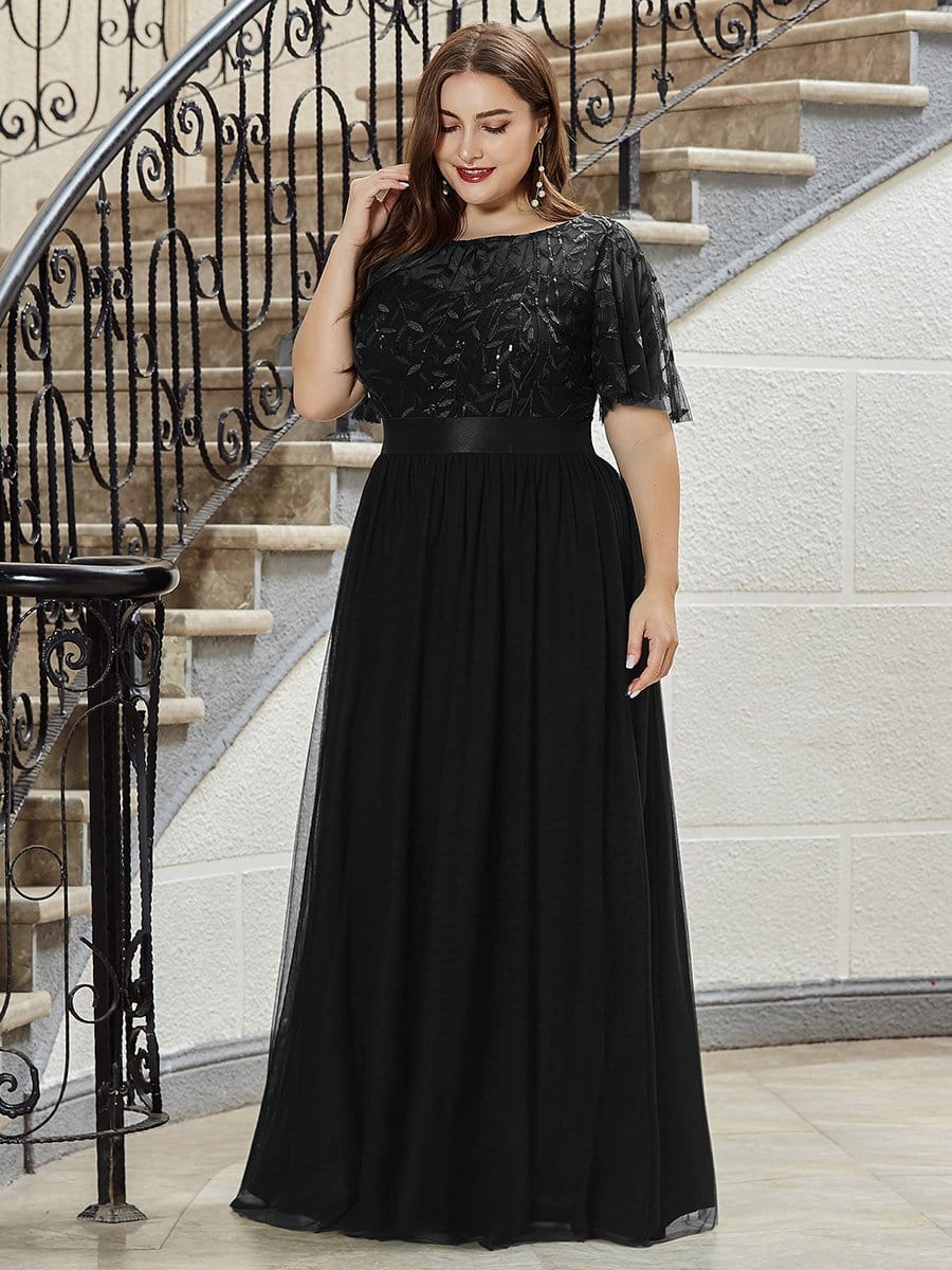 Custom Size Women's A-Line Sequin Leaf Maxi Prom Dress with Sleeves #color_Black
