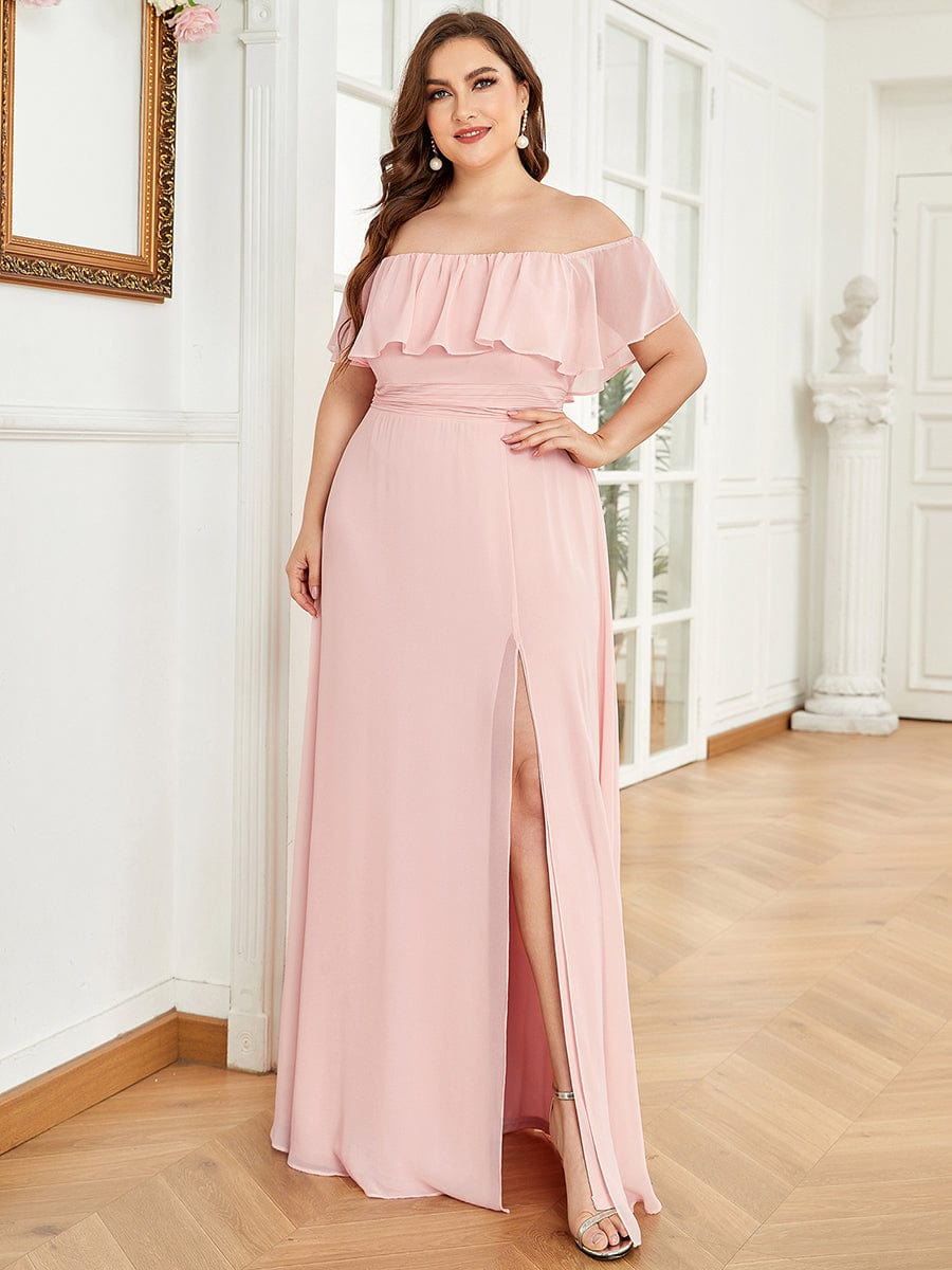 Plus Size Sexy Side Split Long Chiffon Formal Dresses #Color_Pink
