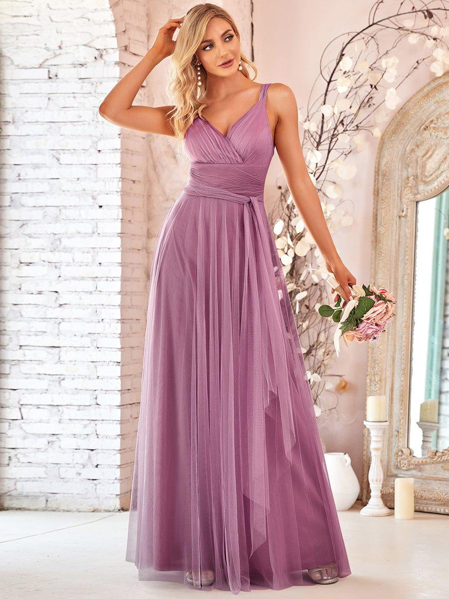 Floor Length Double V Neck Tulle Bridesmaid Dress - Ever-Pretty US