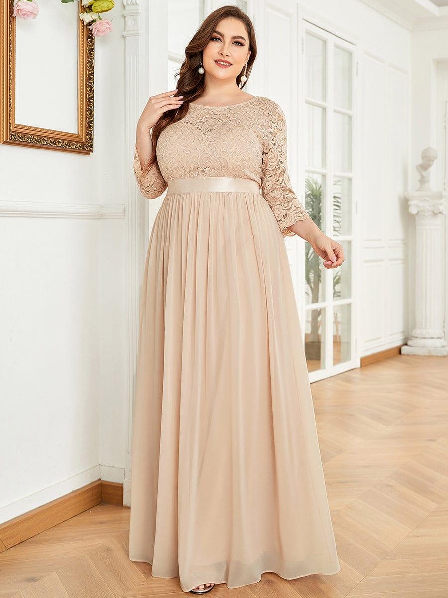 See-Through Floor Length Lace Chiffon Evening Dress with Half Sleeve #color_Blush