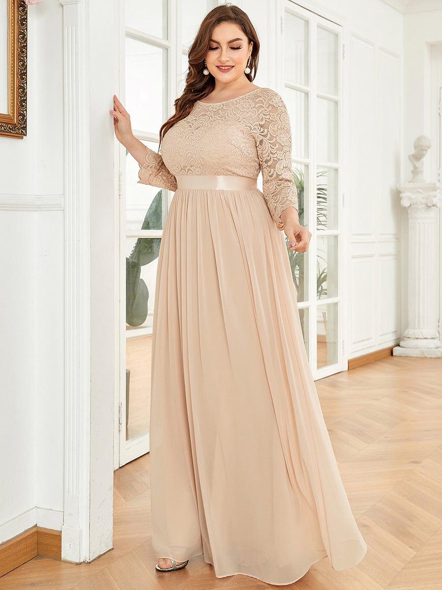 See-Through Floor Length Lace Chiffon Evening Dress with Half Sleeve #color_Blush