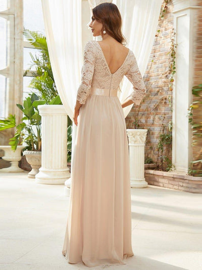 See-Through Floor Length Lace Chiffon Evening Dress with Half Sleeve #color_Blush 