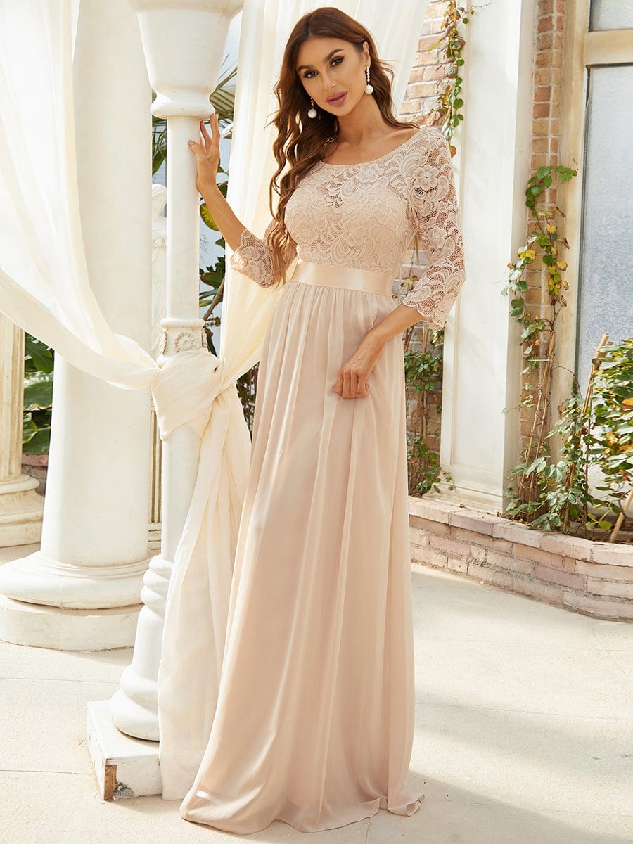 See-Through Floor Length Lace Chiffon Evening Dress with Half Sleeve #color_Blush 