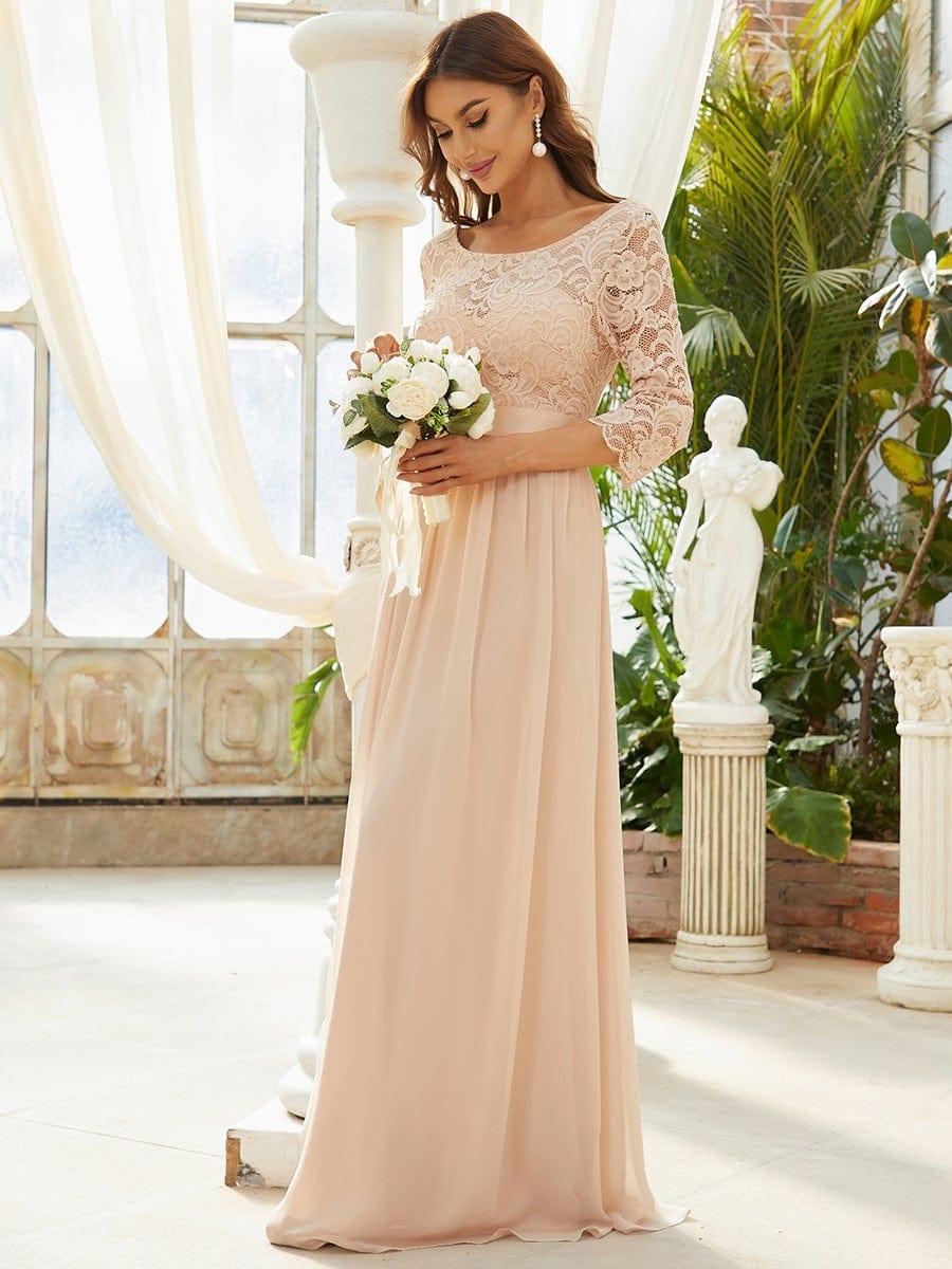 See-Through Floor Length Lace Chiffon Evening Dress with Half Sleeve #color_Blush 