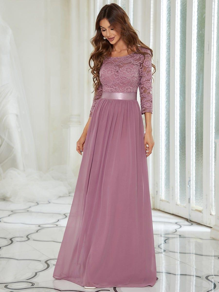 See-Through Floor Length Lace Chiffon Evening Dress with Half Sleeve #color_Purple Orchid