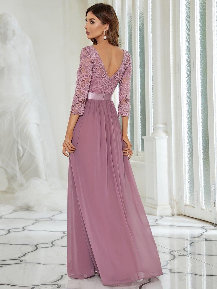 See-Through Floor Length Lace Chiffon Evening Dress with Half Sleeve #color_Purple Orchid
