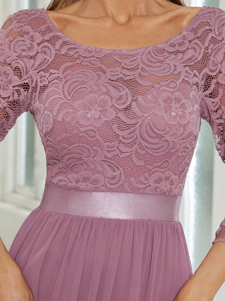 See-Through Floor Length Lace Chiffon Evening Dress with Half Sleeve #color_Purple Orchid