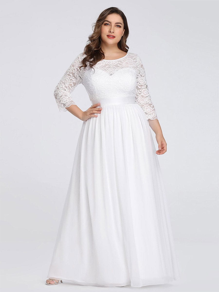 Simple Plus Size Lace Evening Dress with Half Sleeves #color_White