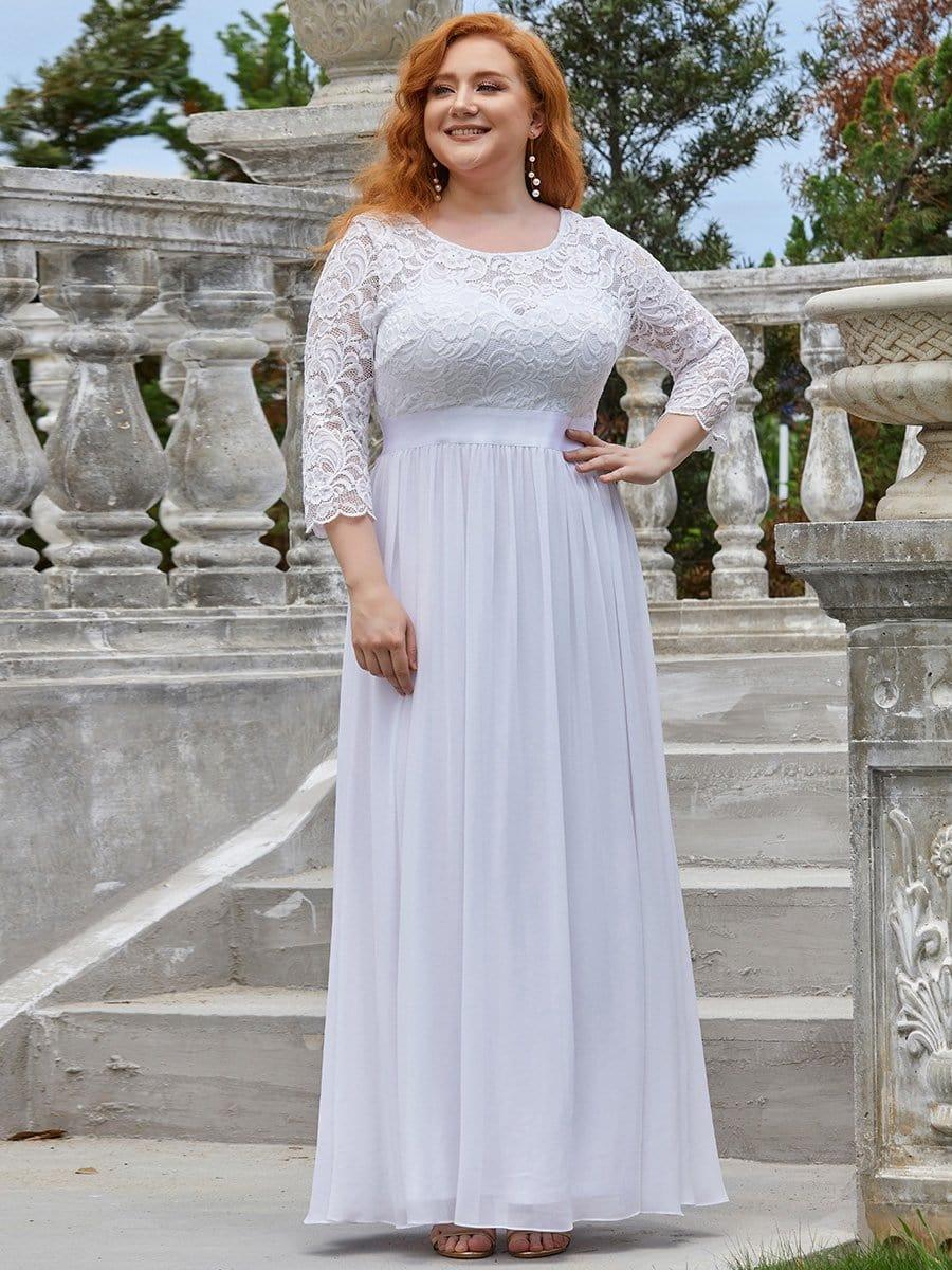 See-Through Floor Length Lace Chiffon Evening Dress with Half Sleeve #color_White 