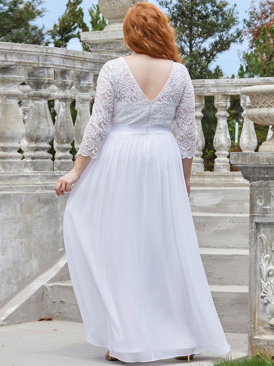 See-Through Floor Length Lace Chiffon Evening Dress with Half Sleeve #color_White 