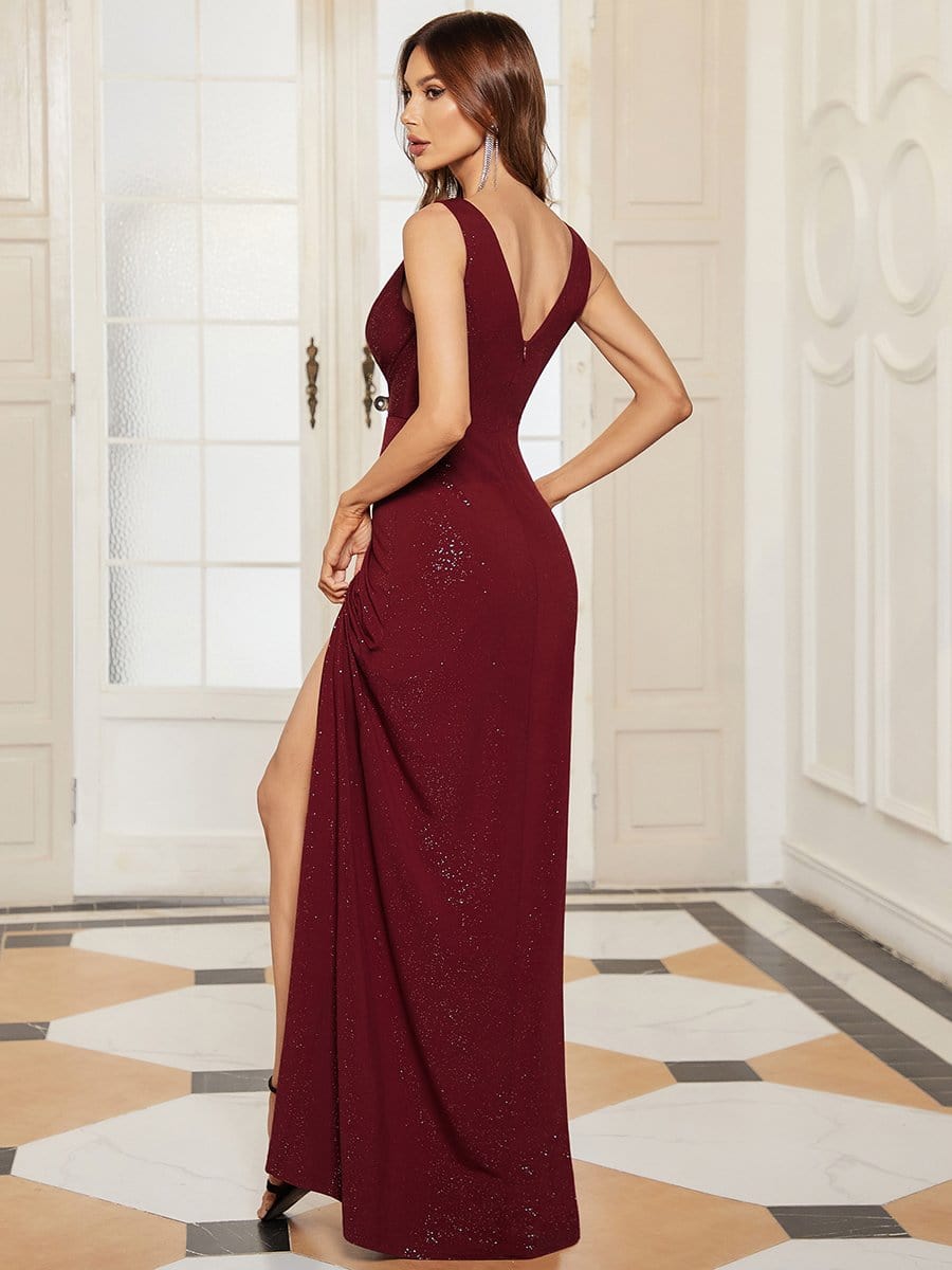 Floor Length V Neck Shiny Evening Dress with Side Split #color_Burgundy 