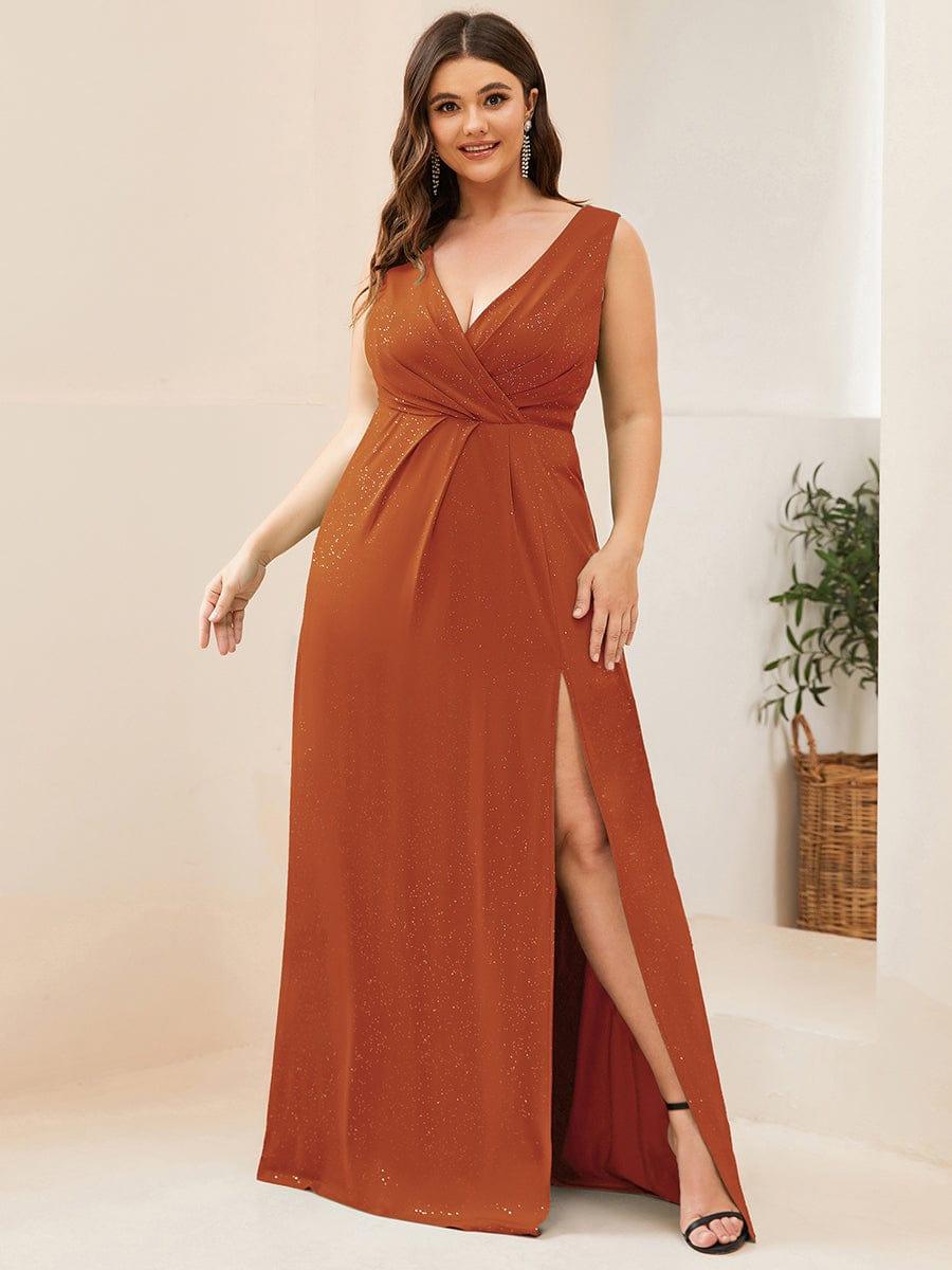 Plus Size Shiny V Neck Side Split Formal Evening Dress #color_Burnt Orange