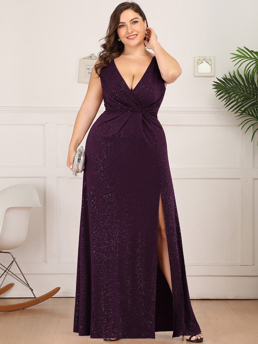 Plus Size Shiny V Neck Side Split Formal Evening Dress #color_Dark Purple