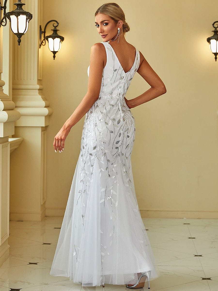Women's Double V-Neck Fishtail Sequin Evening Dress #Color_White