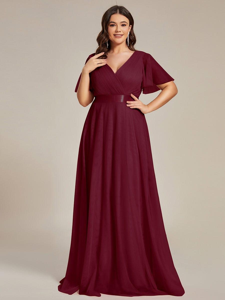 Women's Floor-Length Plus Size Formal Bridesmaid Dress with Short Sleeve #color_Burgundy