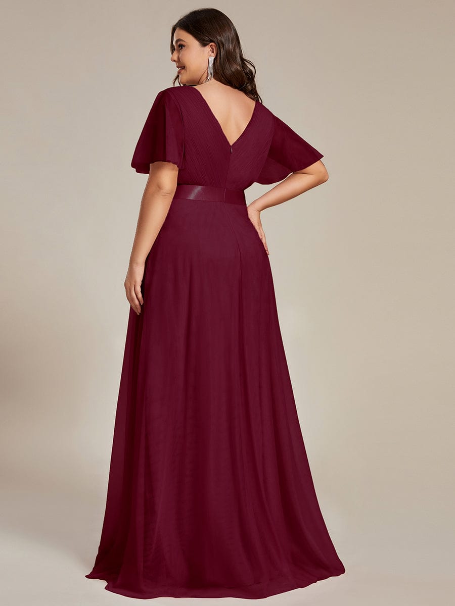 Women's Floor-Length Plus Size Formal Bridesmaid Dress with Short Sleeve #color_Burgundy