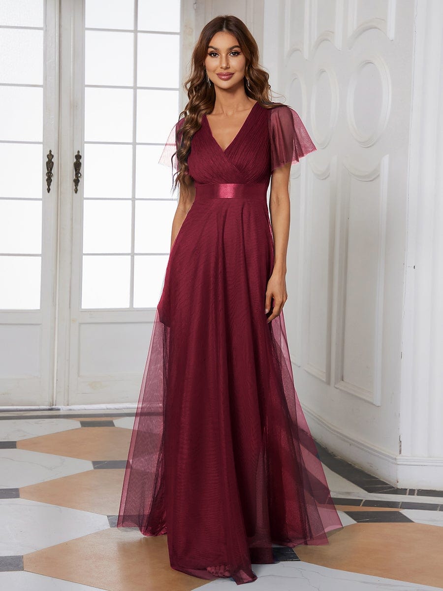 Double V-Neck Floor-Length Short Sleeve Tulle Bridesmaid Dresses #color_Burgundy 