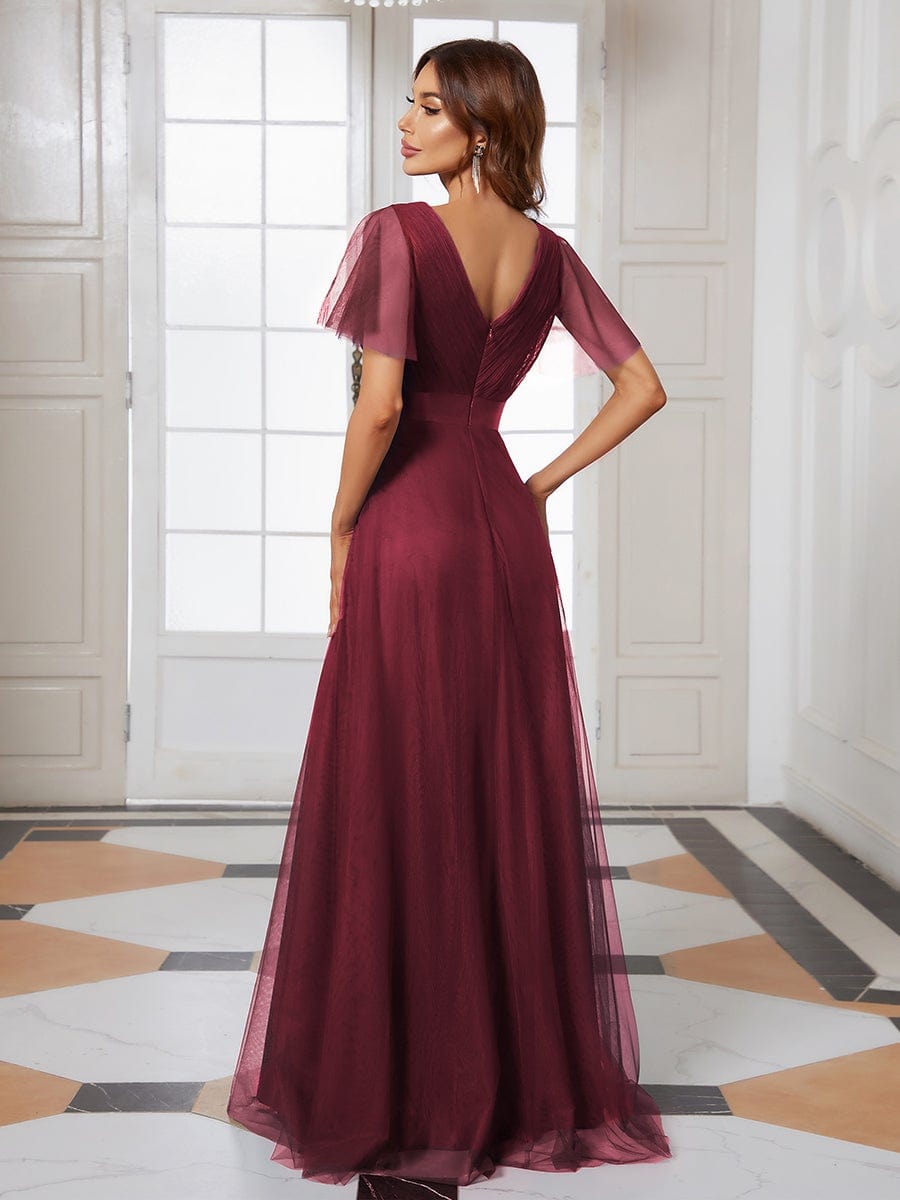Double V-Neck Floor-Length Short Sleeve Tulle Bridesmaid Dresses #color_Burgundy 