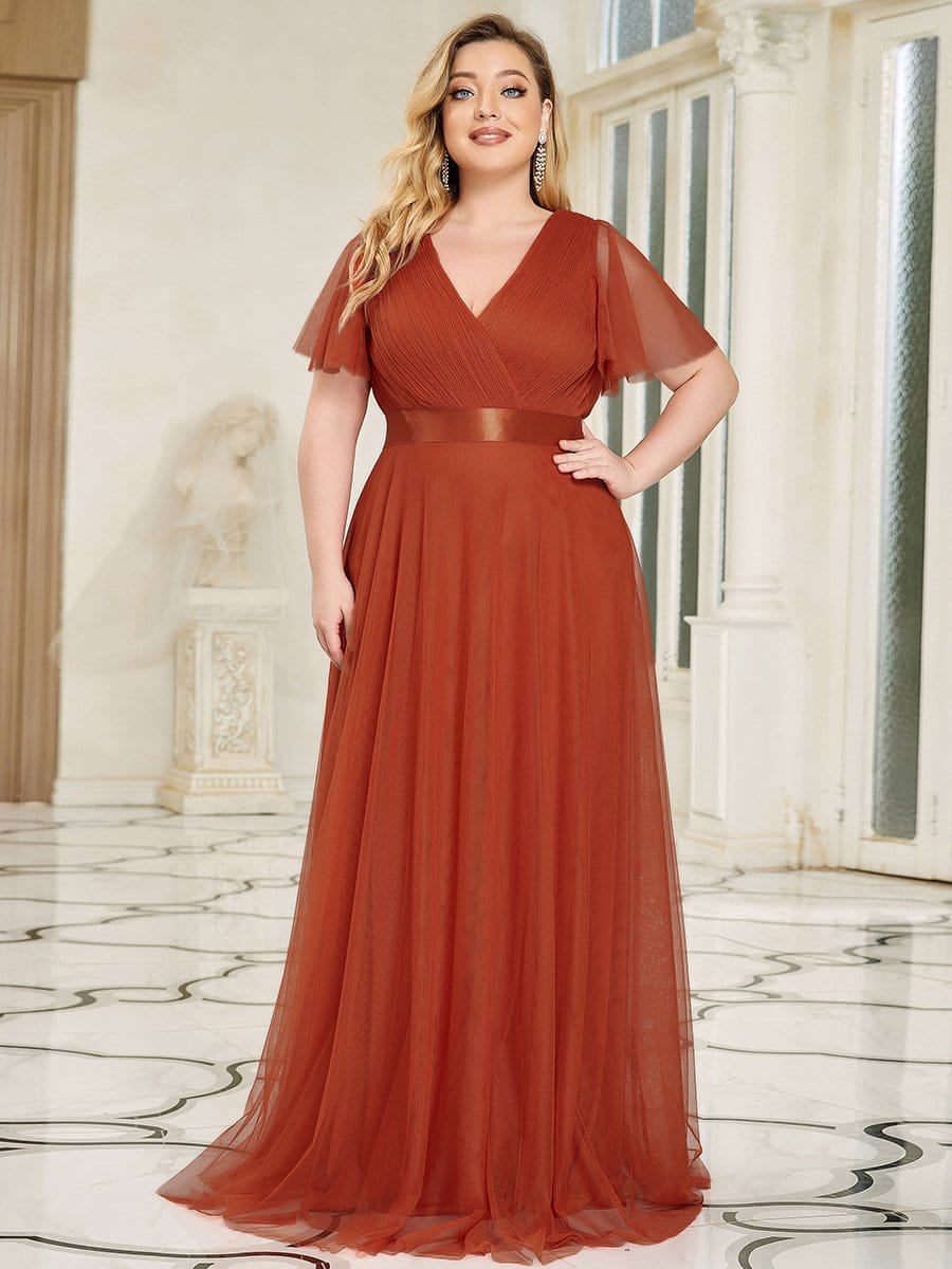 Women's Floor-Length Plus Size Formal Bridesmaid Dress with Short Sleeve #color_Burnt Orange 