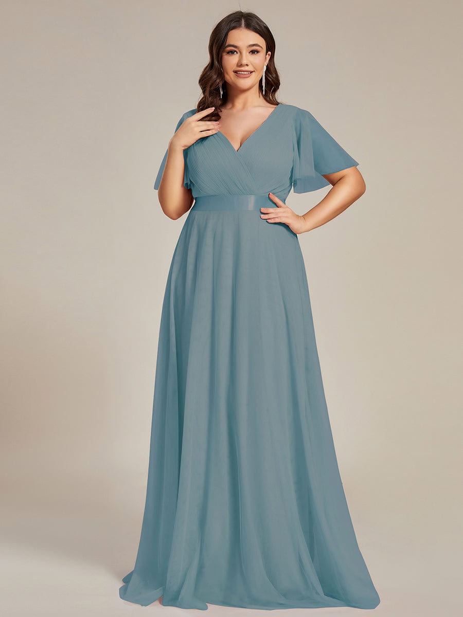 Women's Floor-Length Plus Size Formal Bridesmaid Dress with Short Sleeve #color_Dusty Blue