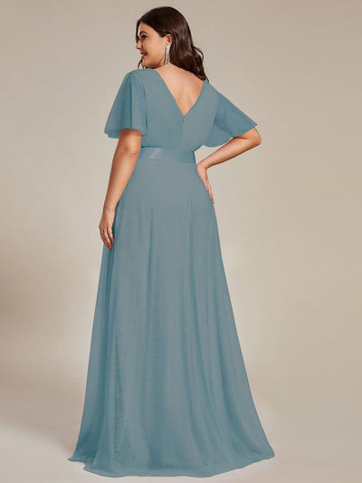 Women's Floor-Length Plus Size Formal Bridesmaid Dress with Short Sleeve #color_Light Teal