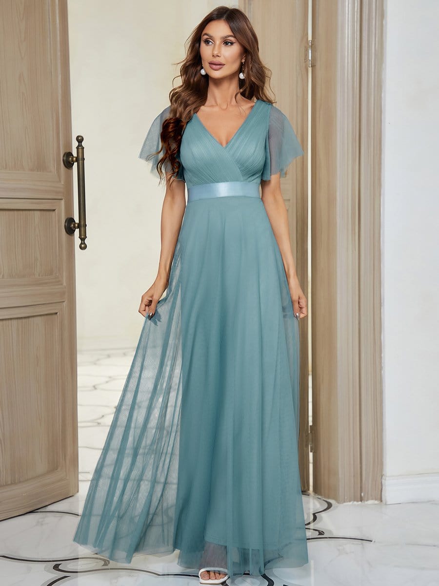 Double V-Neck Floor-Length Short Sleeve Tulle Bridesmaid Dresses #color_Dusty Blue 
