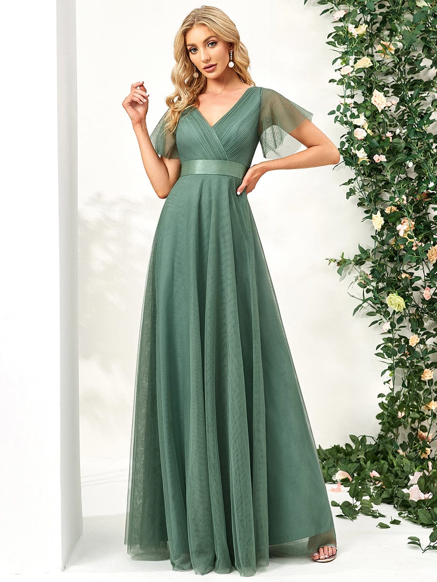 Double V-Neck Floor-Length Short Sleeve Tulle Bridesmaid Dresses #color_Green Bean