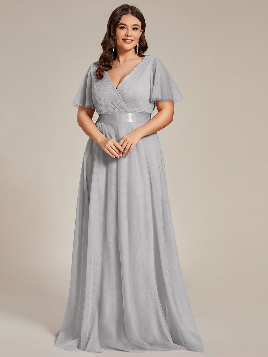 Women's Floor-Length Plus Size Formal Bridesmaid Dress with Short Sleeve #color_Grey