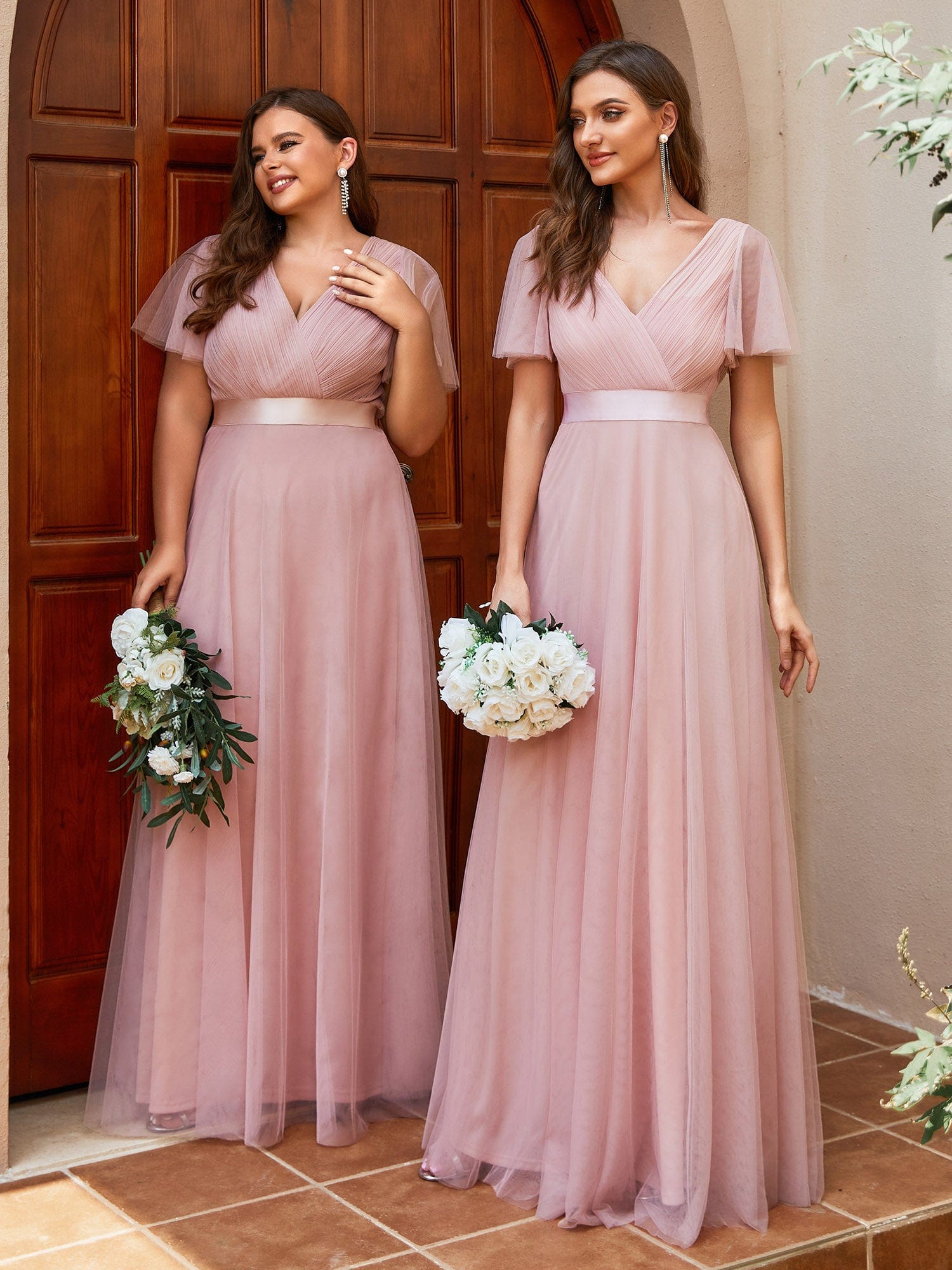 Double V Neck Short Sleeve Maxi Tulle Bridesmaid Dress - Ever-Pretty US