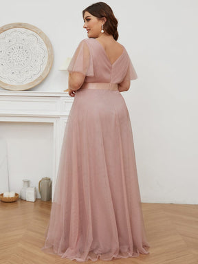 Double V-Neck Floor-Length Short Sleeve Tulle Bridesmaid Dresses