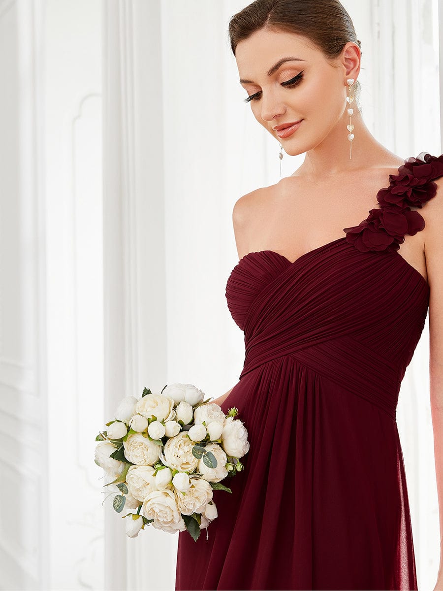 Sweet Pleated Bodice One Shoulder Chiffon Bridesmaid Dress #color_Burgundy