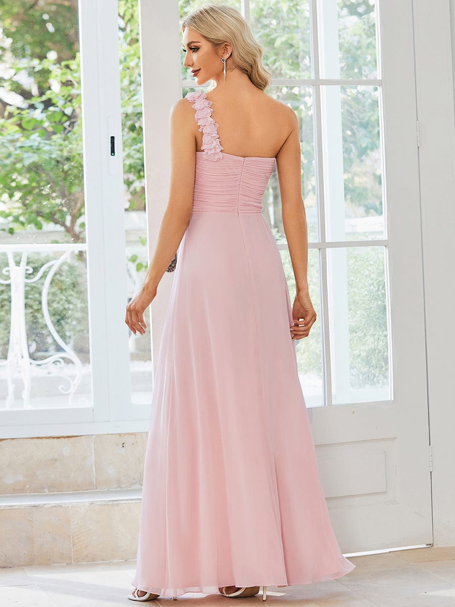 Sweet Pleated Bodice One Shoulder Chiffon Bridesmaid Dress #color_Pink