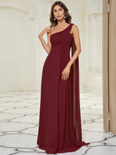 Pleated One Shoulder Long Chiffon Evening Dress #color_Burgundy