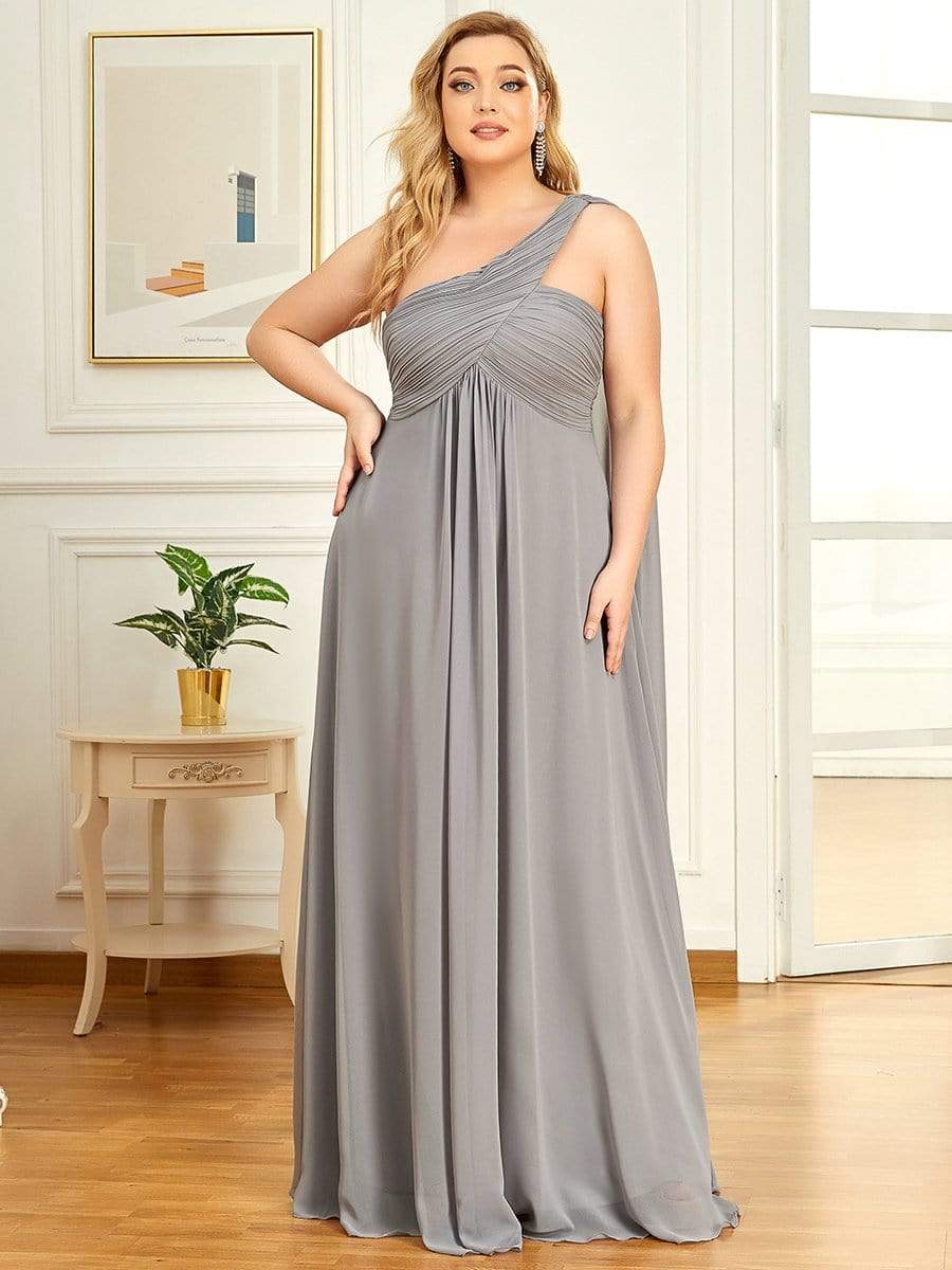 Plus Size Chiffon One Shoulder Formal Evening Dresses for Women #color_Grey 