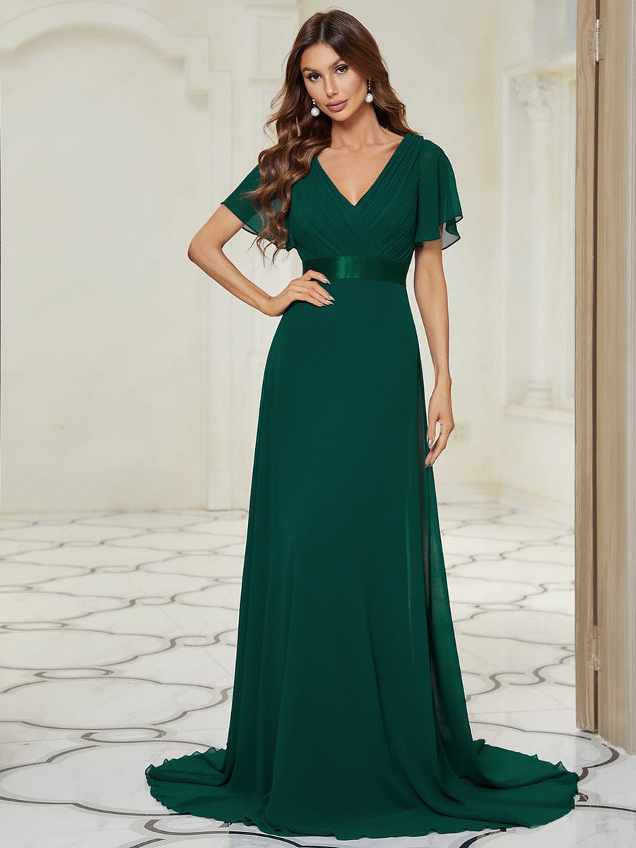 Long Chiffon Empire Waist Bridesmaid Dress with Short Flutter Sleeves #color_Dark Green