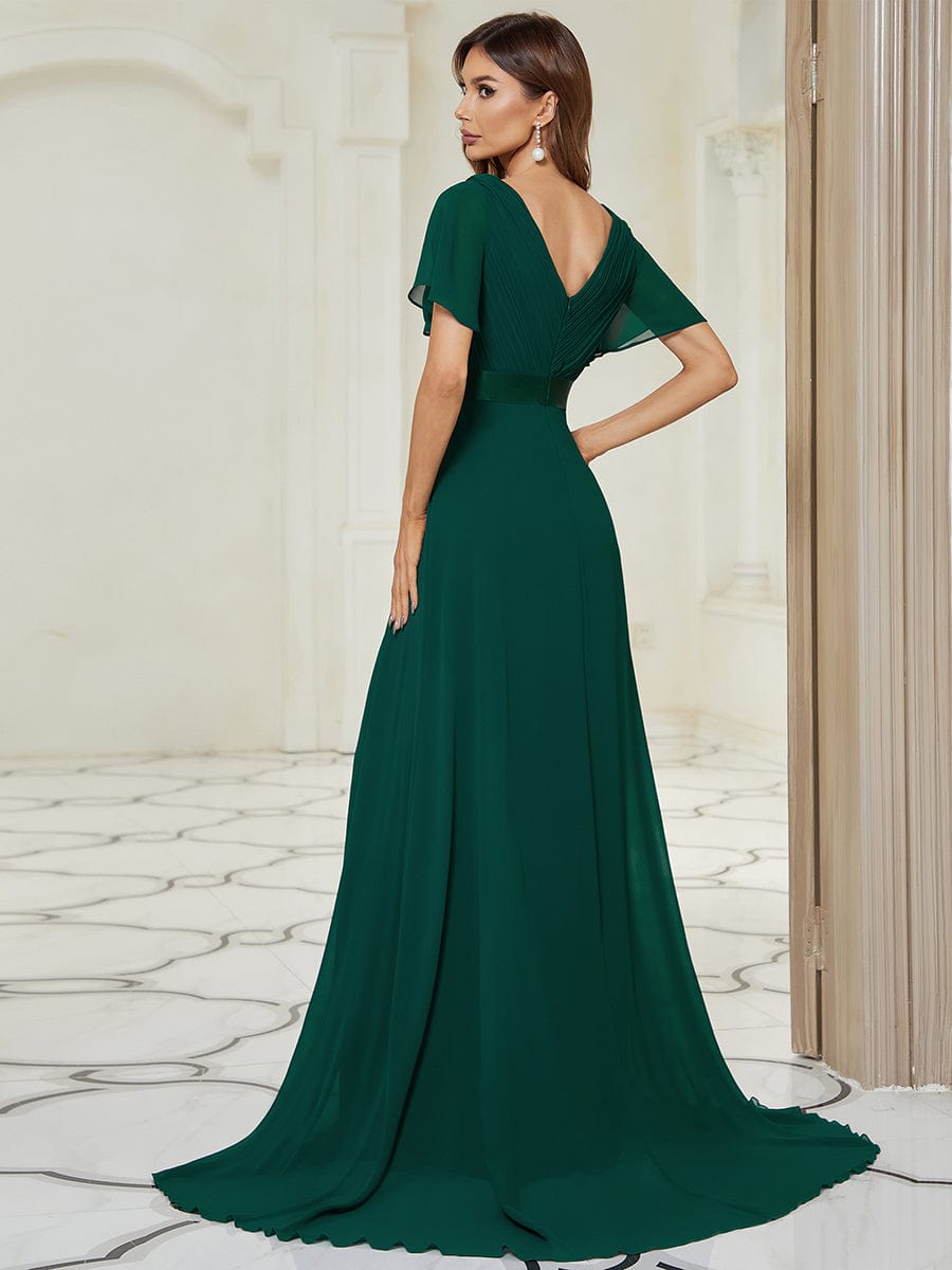Long Chiffon Empire Waist Bridesmaid Dress with Short Flutter Sleeves #color_Dark Green
