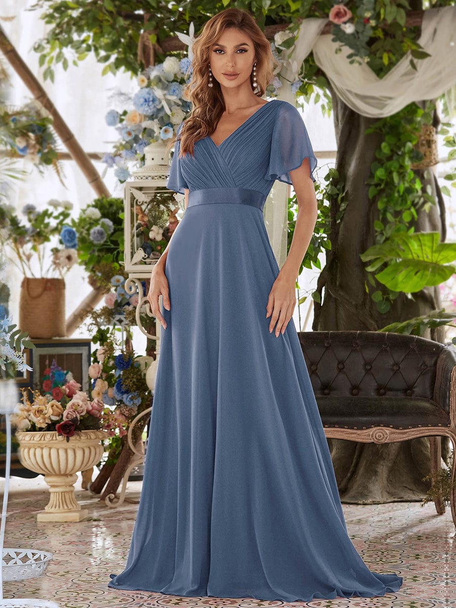 Long Chiffon Empire Waist Bridesmaid Dress with Short Flutter Sleeves #color_Dusty Navy