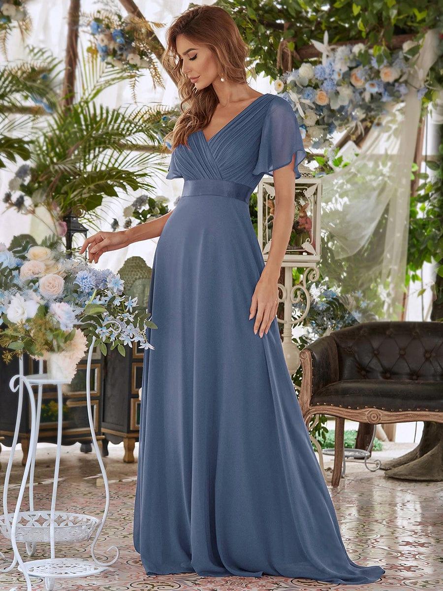 Long Chiffon Empire Waist Bridesmaid Dress with Short Flutter Sleeves #color_Dusty Blue