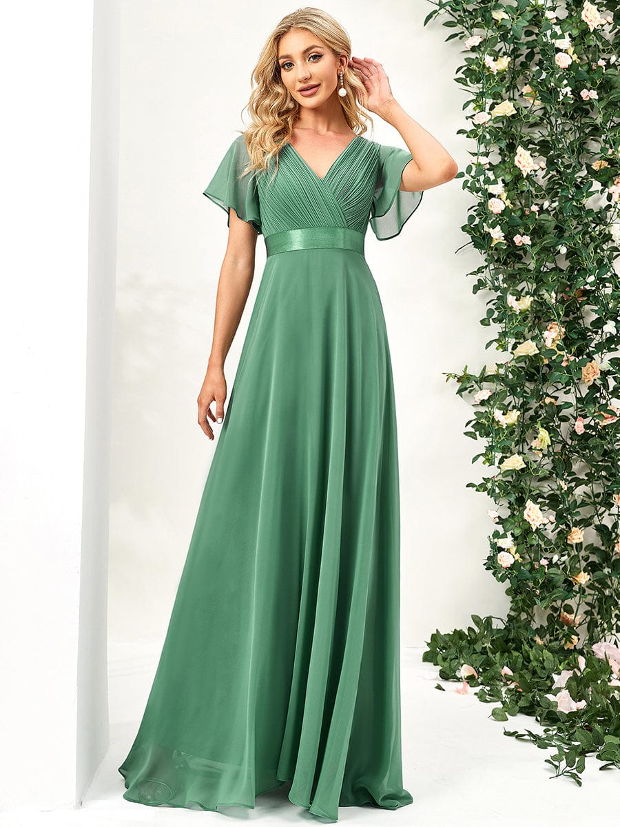 Long Chiffon Empire Waist Bridesmaid Dress with Short Flutter Sleeves #color_Green Bean
