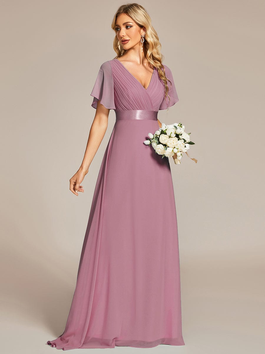 Long Empire Waist Evening Dress with Short Flutter Sleeves #color_Purple Orchid