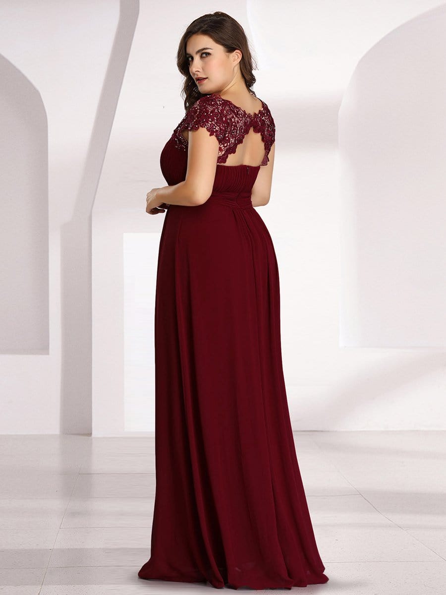 Plus Size Maxi Long Formal Lace Cap Sleeve Evening Dress #color_Burgundy 