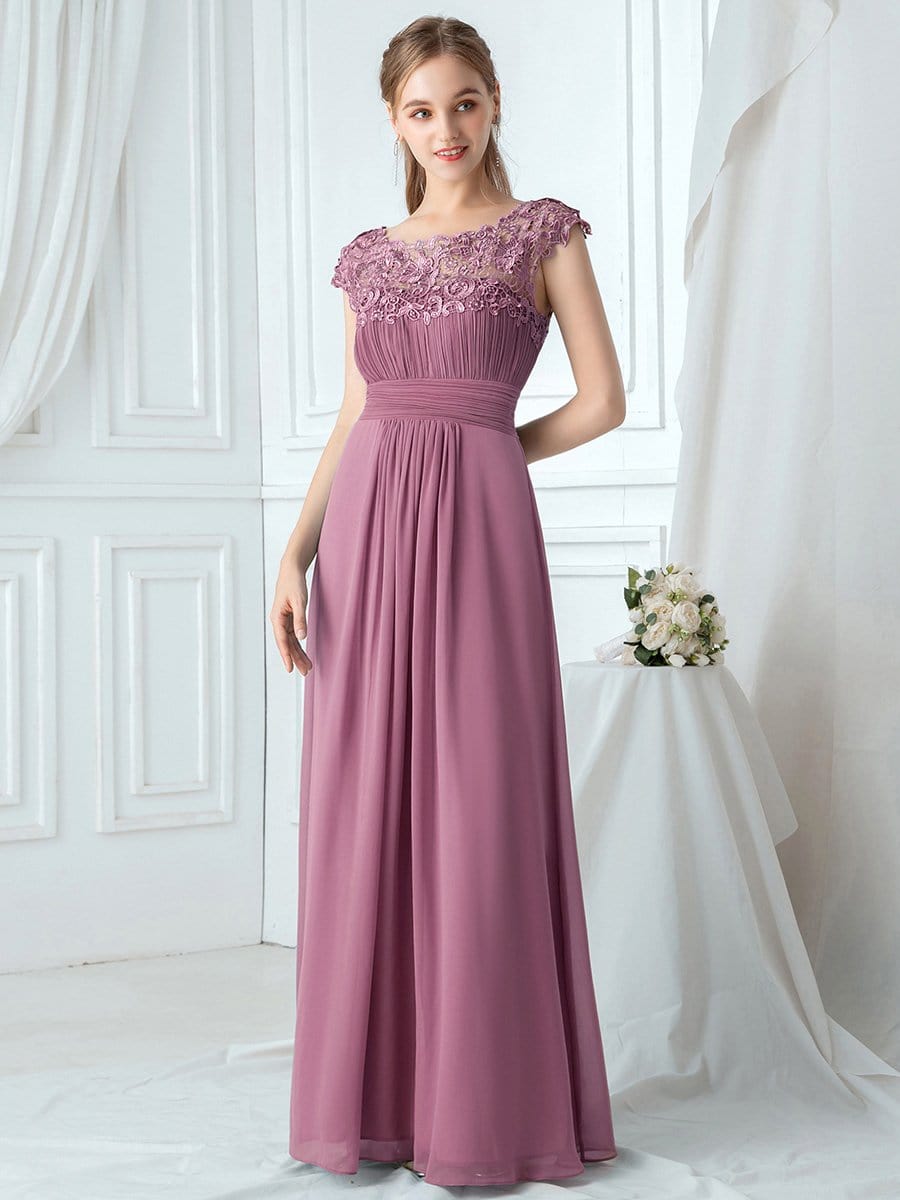 Elegant Lace Cap Sleeve Maxi Long Chiffon Bridesmaid Dress #color_Purple Orchid 