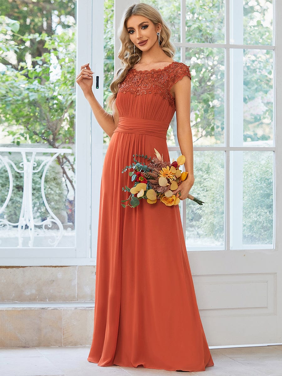 Elegant Floor-Length Lace Cap Sleeve Bridesmaid Dress #color_Burnt Orange