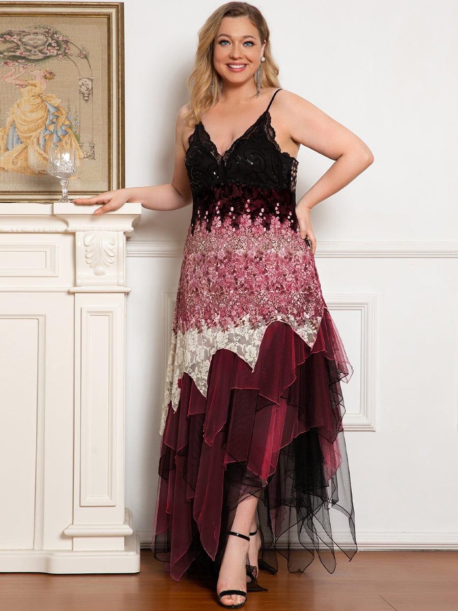 Plus Size V Neck Asymmetrical Hems Prom Dresses #color_Burgundy 