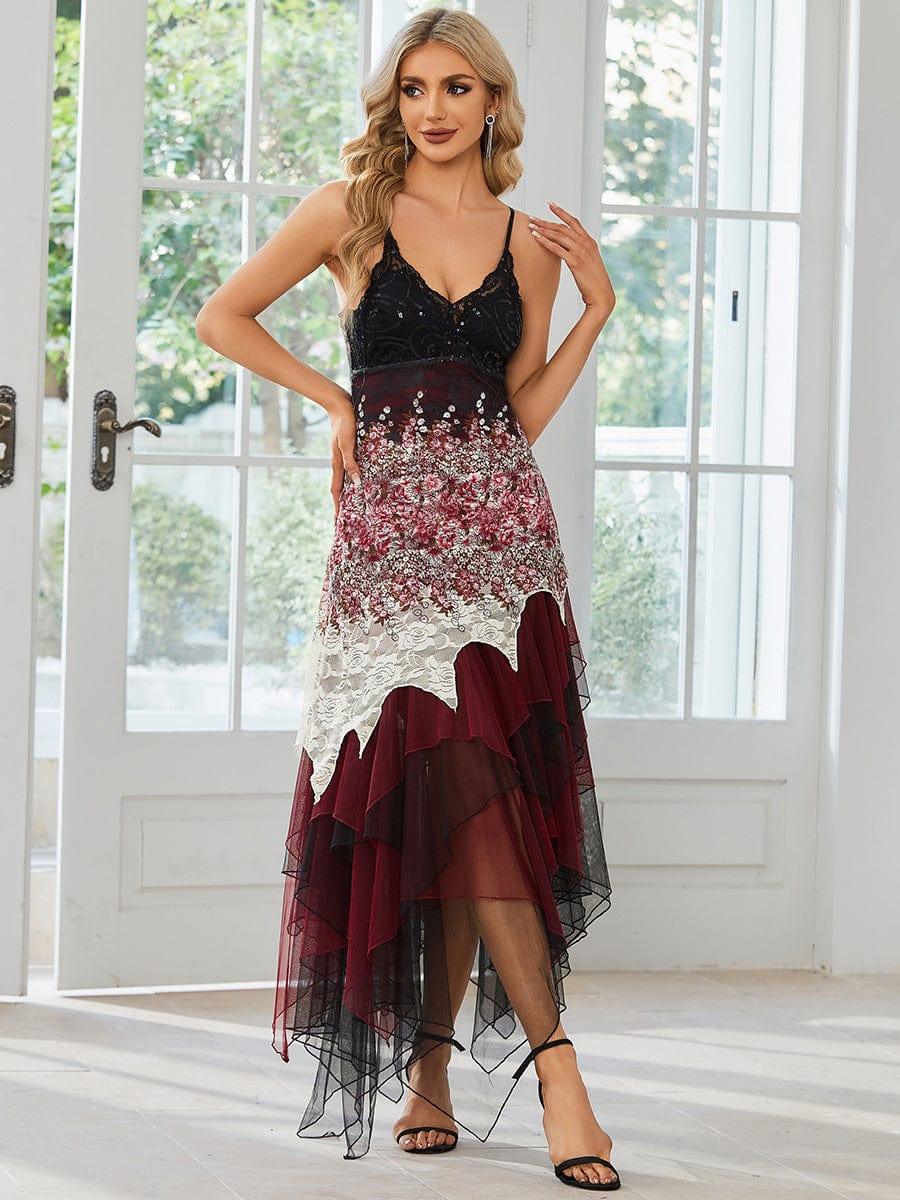 V Neck Asymmetric Hem Midi Prom Dress Ever Pretty US