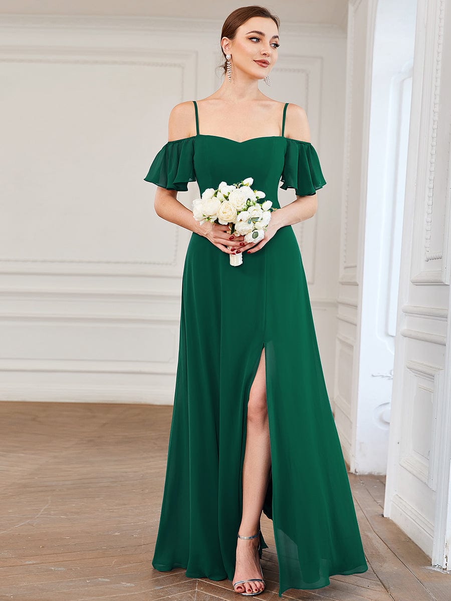 Flowy Cold Shoulder Flare Sleeves Bridesmaid Dress with Side Split #color_Dark Green 