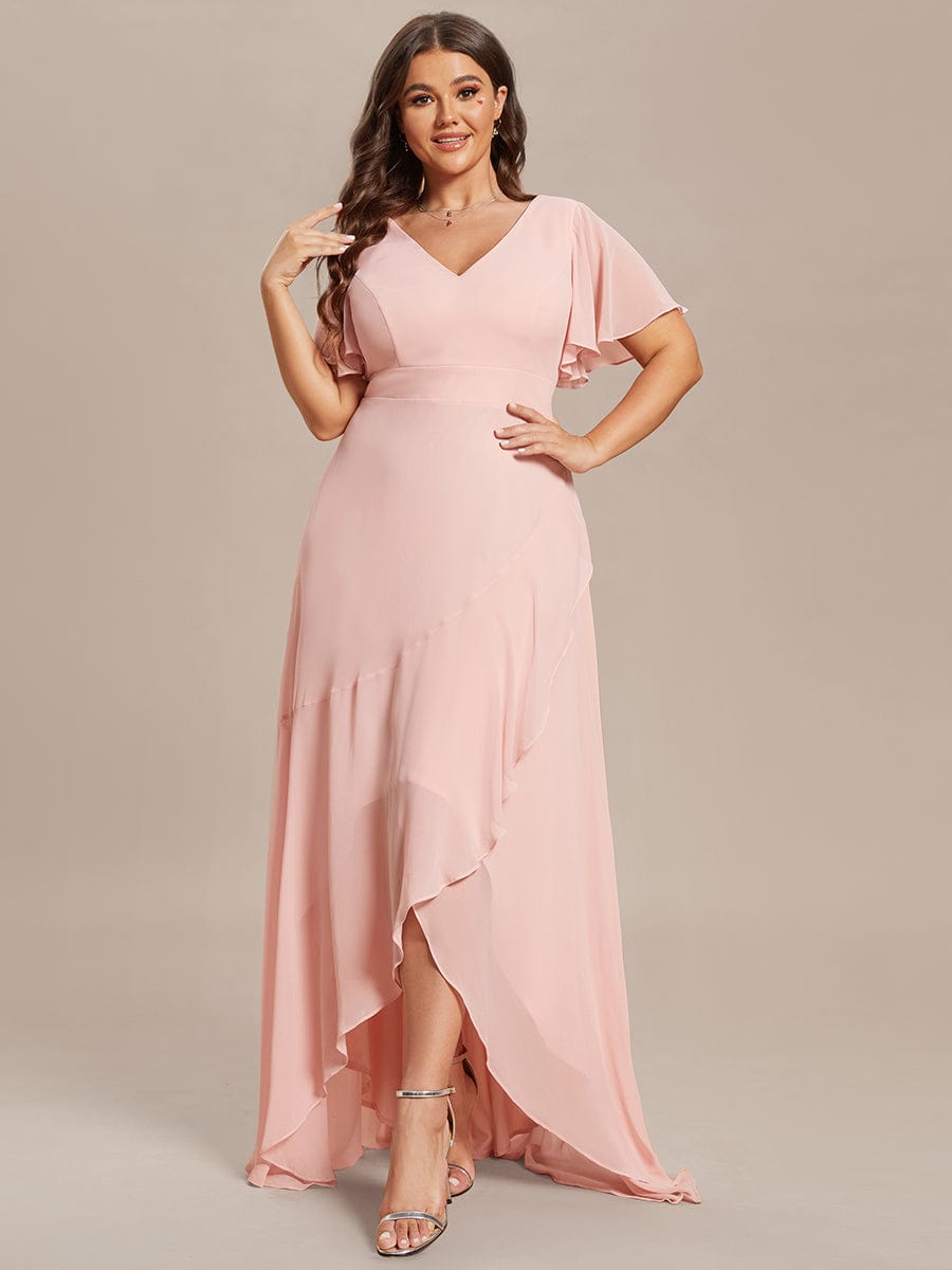 Plus Size Elegant Lotus Sleeves Chiffon Bridesmaid Dress #color_Pink