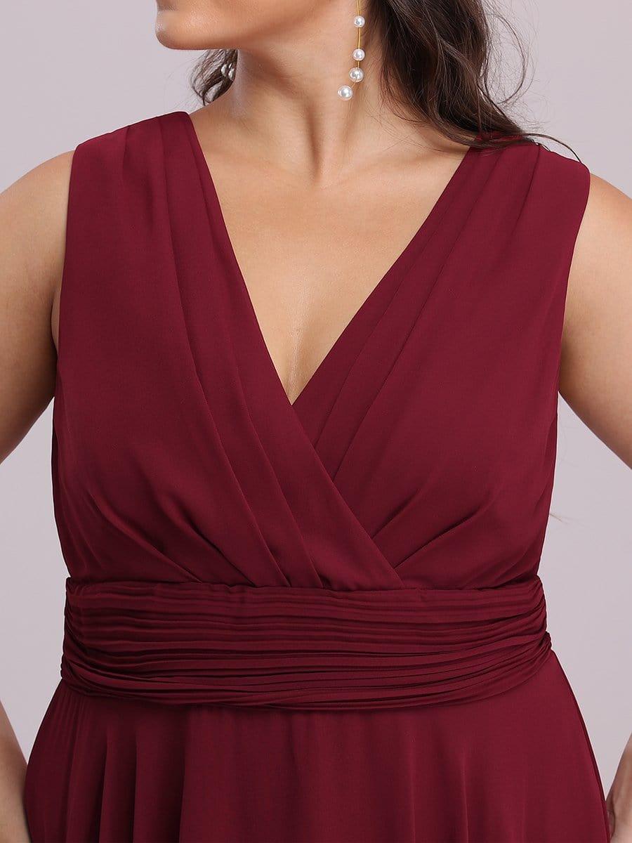 Hot V Neck Ruched Asymmetrical Hems Midi Chiffon Bridesmaid Dress #color_Burgundy