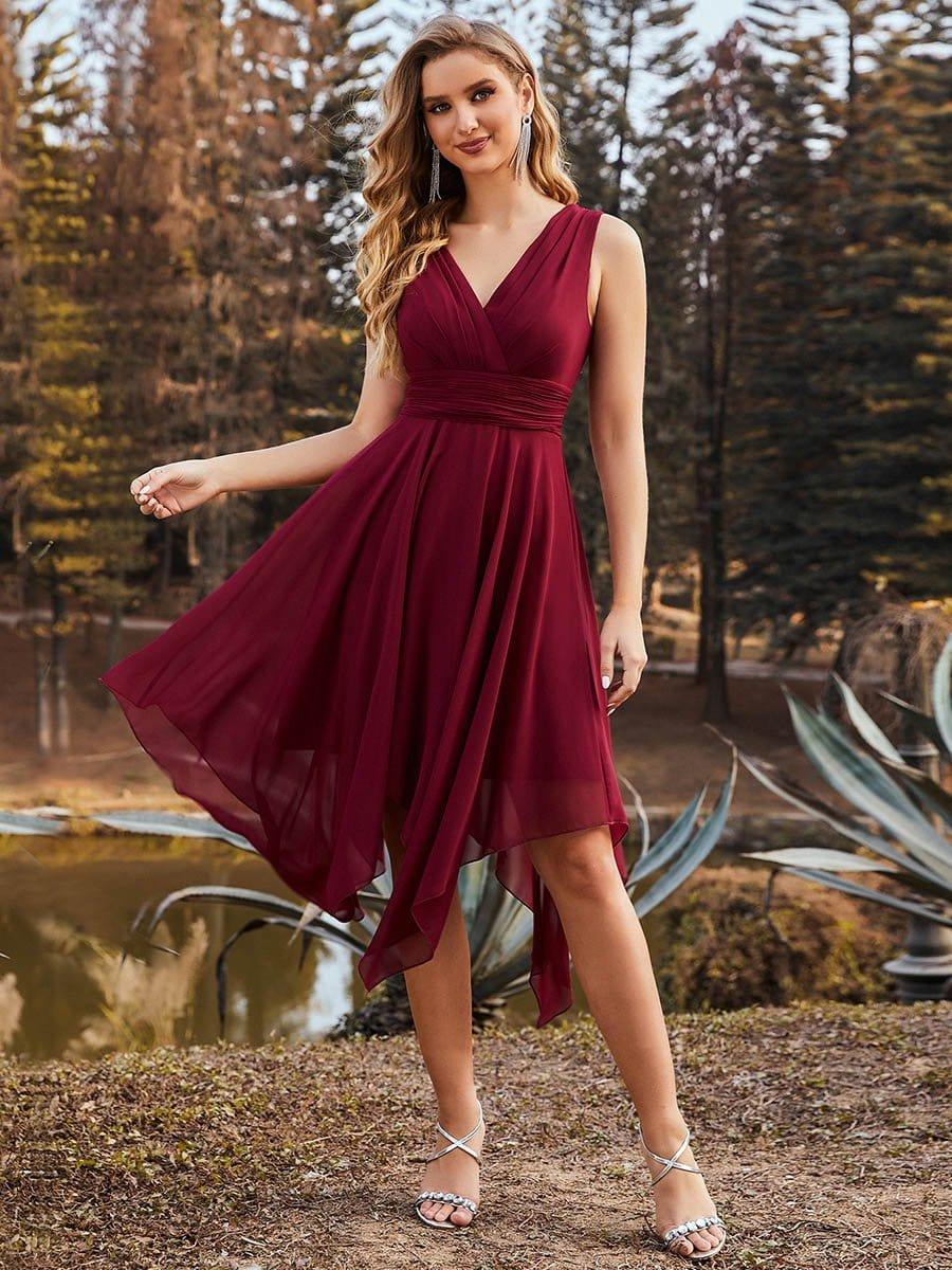 Hot V Neck Ruched Asymmetrical Hems Midi Chiffon Bridesmaid Dress #color_Burgundy
